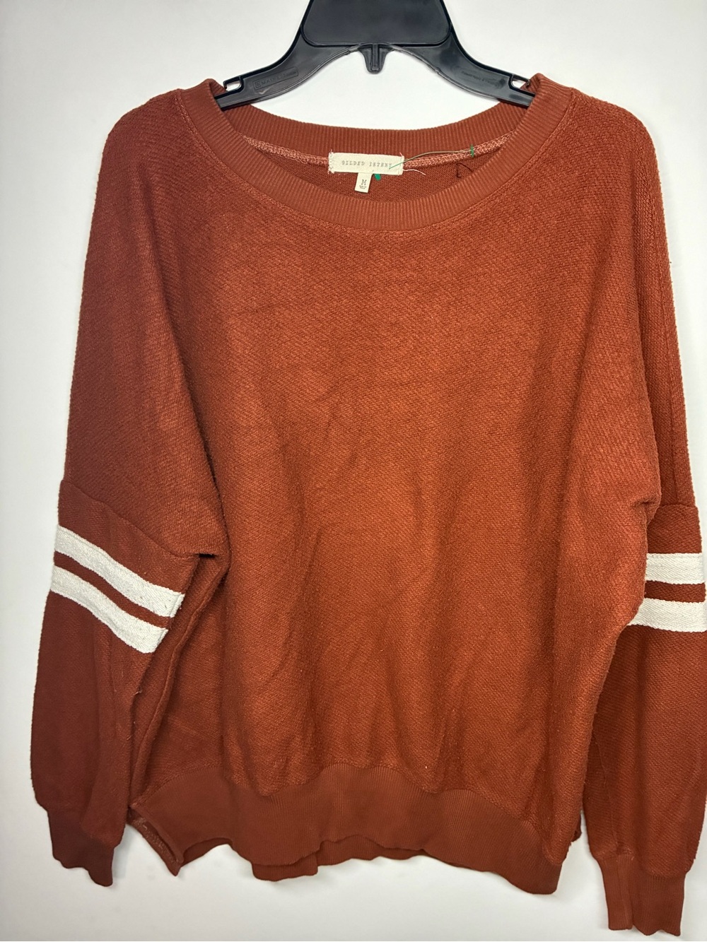 Gilded Intent Rust Crewneck Sweater with White Sleeve Stripes
